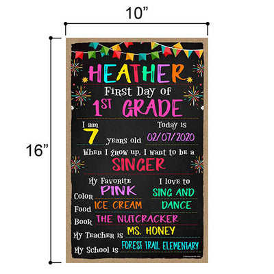 First Day of School Sign with Banners and Fireworks Design, 10 inch by 16 inch Reusable Chalkboard Decorative Hanging Wooden Sign