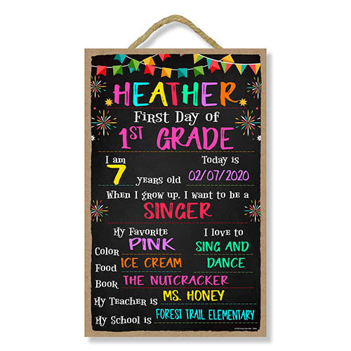 First Day of School Sign with Banners and Fireworks Design, 10 inch by 16 inch Reusable Chalkboard Decorative Hanging Wooden Sign
