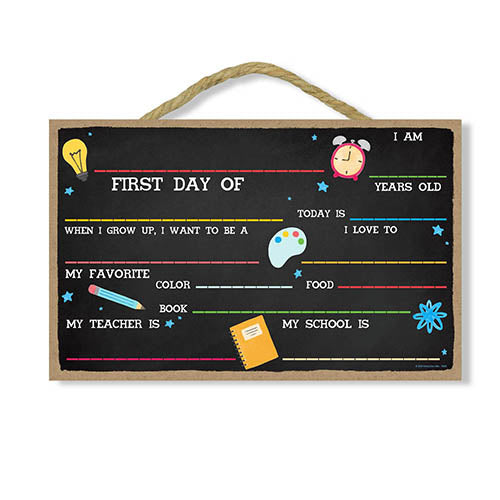 First Day of School, 10 inch by 16 inch Wood Sign, Reusable Chalkboard, Home and School Decorative
