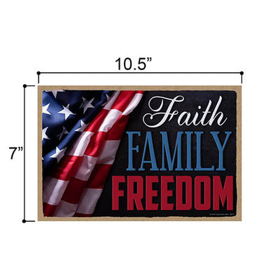 Faith, Family, Freedom Patriotic Wooden Signs, 7 inch by 10.5 inch, Patriotic Hanging Sign, Decorative Wall Art, Home Office Party Decor