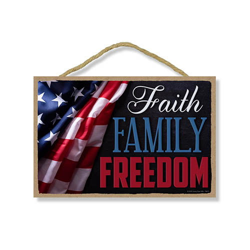 Faith, Family, Freedom Patriotic Wooden Signs, 7 inch by 10.5 inch, Patriotic Hanging Sign, Decorative Wall Art, Home Office Party Decor