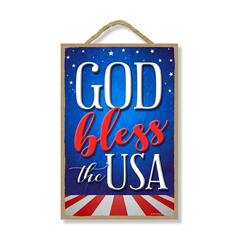 God Bless The USA Patriotic Wooden Signs, 7 inch by 10.5 inch, Patriotic Hanging Sign, Decorative Wall Art, Home Office Party Decor