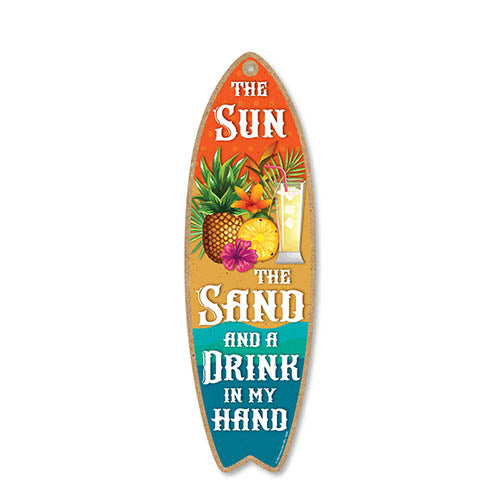 The Sun The Sand and a Drink in My Hand, 5 inch by 16 inch Surfboard, Wood Sign, Tiki Bar Decoration, Beach Themed Decor, Decorative Wall Sign, Home Decor