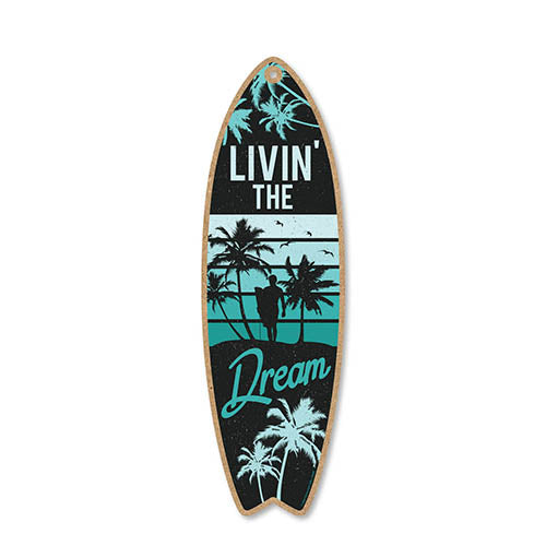 Livin’ The Dream, 5 inch by 16 inch Surfboard, Wood Sign, Tiki Bar Decoration, Beach Themed Decor, Decorative Wall Sign, Home Decor