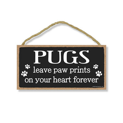 Pugs Leave Paw Prints Wooden Home Decor for Dog Pet Lovers, Decorative Wall Sign, 5 Inches by 10 Inches