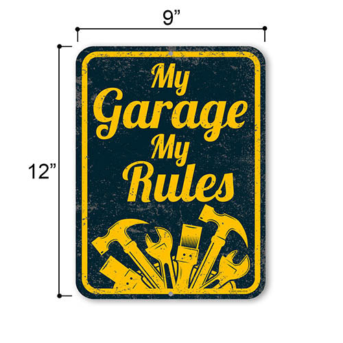 My Garage, My Rules 9 inch by 12 inch Retro Vintage Tin Signs, Garage Signs for Dad, Husband, Brother