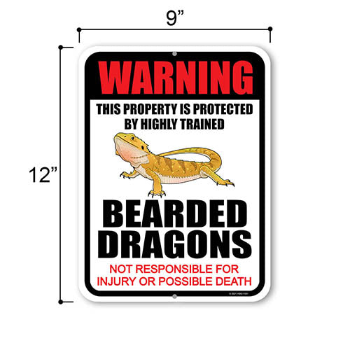 Warning This Property is Protected by Highly Trained Bearded Dragons Not Responsible for Injury or Possible Death, 9 Inches x 12 Inches, Bearded Dragon Sign, Metal Tin Sign