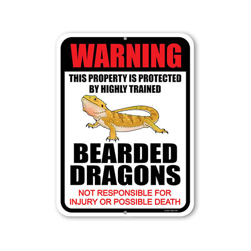 Warning This Property is Protected by Highly Trained Bearded Dragons Not Responsible for Injury or Possible Death, 9 Inches x 12 Inches, Bearded Dragon Sign, Metal Tin Sign