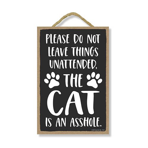 The Cat is an Asshole, Funny Cat Signs, Wooden Decorative Hanging Wall Sign, 7 Inches by 10.5 Inches