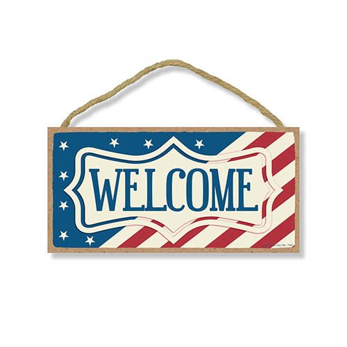 Welcome American Flag - 5 x 10 inch Hanging, Wall Art, Decorative Wood Sign, American Flag Wall Decor