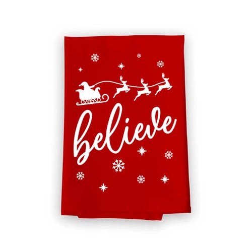 Believe Santa Flour Sack Towel, 27 inch by 27 inch, 100% Cotton, Multi-Purpose Towel, Christmas Decor, Christmas Towel
