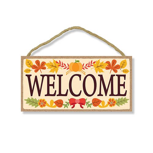 Welcome Sign with Fall Leaves - 5 x 10 inch Hanging Signs, Wall Art, Decorative Wood Sign, Fall Signs, Welcome Sign House Decor