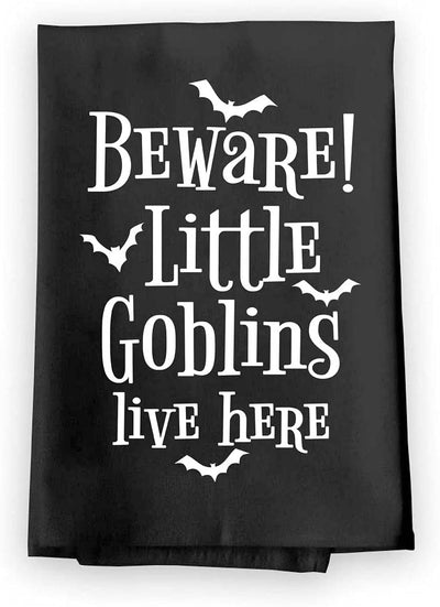 Honey Dew Gifts Beware Little Goblins Live Here, Flour Sack Towel, 27 Inch by 27 Inch, 100% Cotton, Halloween Kitchen Towels, Halloween Towels,, Halloween Kitchen, Funny Kitchen Towels