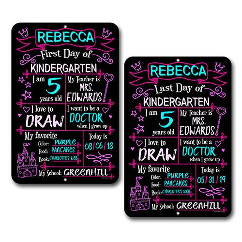 First and Last Day of School Princess Chalkboard Style Photo Prop Metal Signs 12 x 18 inch - Reusable Easy Clean Back to School, Customizable with Liquid Chalk Markers (Not Included)