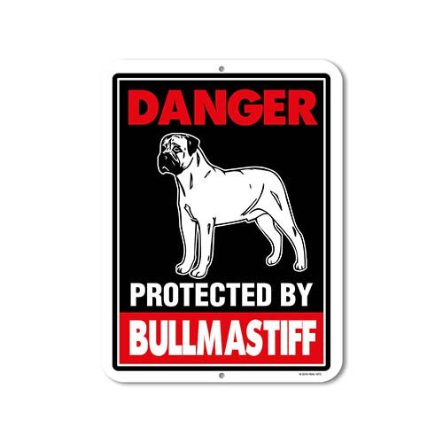 Danger Protected by Bull Mastiff - 9 x 12 Inch Pre-Drilled Aluminum Danger Warning Beware of Dog Sign