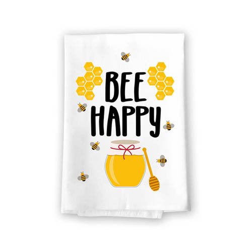Bee Happy Flour Sack Towel, 27 x 27 Inches, 100% Cotton, Highly Absorbent, Multi-Purpose Kitchen Dish Towel