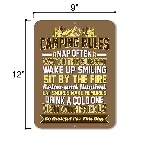 Camping Rules, 9 x 12 inch Novelty Metal Sign Camper Decor, Funny