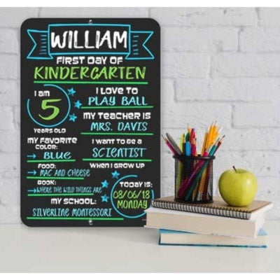 Large First Day of School Blue and Green Chalkboard Style Photo Prop Tin Sign 12 x 18 inch - Reusable Easy Clean Back to School, Customizable with Liquid Chalk Markers (Not Included)
