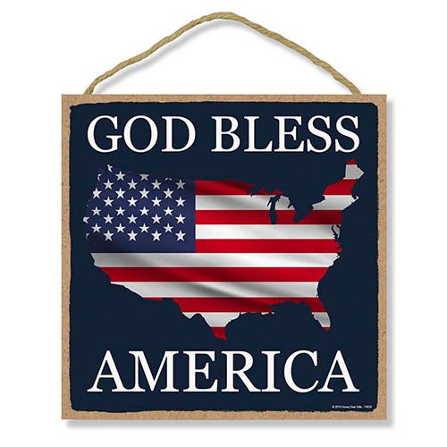God Bless America American Flag Map - 10 x 10 inch Hanging, Wall Art, Decorative Wood Sign, American Flag Wall Decor