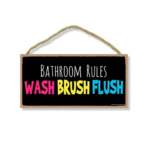 Bathroom Rules Wash Brush Flush - 5 x 10 inch Hanging Bathroom Signs, Wall Art, Decorative Wood Sign Home Decor, Bathroom Decor