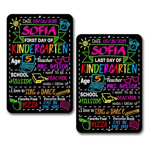 Colorful First and Last Day of School Chalkboard Style Photo Prop Tin 12 x 18 inch Signs - Reusable Easy Clean, Customizable with Liquid Chalk Markers (Not Included)