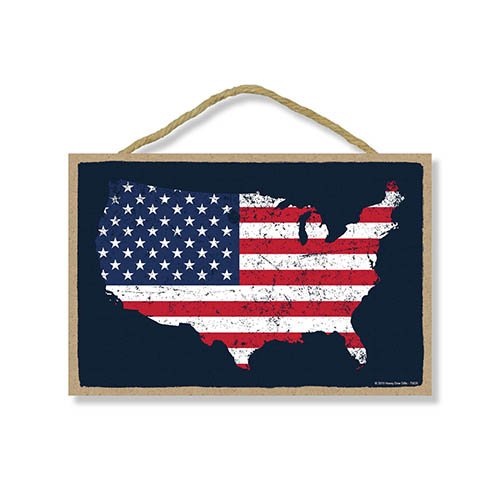 Graphic American Flag Map - 7 inch by 10.5 inch Hanging, Wall Art, Decorative Wood Sign, American Flag Wall Decor