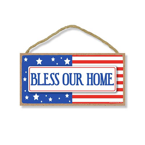 Bless Our Home American Flag - 5 x 10 inch Hanging, Wall Art, Decorative Wood Sign, American Flag Wall Decor