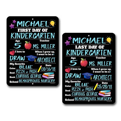 First and Last Day of School ( Set of 2 ) Chalkboard Style Photo Prop Tin Signs - 9 x 12 inch - Reusable Easy Clean Back to School, Customizable with Liquid Chalk Markers (Not Included)
