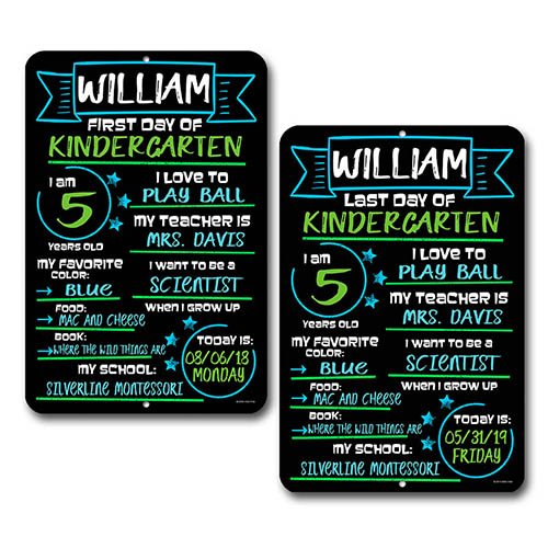 First and Last Day of School ( Set of 2 ) Blue and Green Chalkboard Style Photo Prop Tin Signs 12 x 18 inch - Reusable Easy Clean Back to School, Customizable with Liquid Chalk Markers (Not Included)