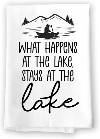 Honey Dew Gifts, What Happens in The Lake Stays in The Lake, Flour Sack Towel, 27 Inch by 27 Inch, 100% Cotton, Home Decor, Dish Towel for Kitchen, Tea Towels, Absorbent Coffee Towels, Hiking Gifts