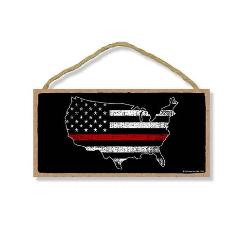 Firefighter Patriotic Signs, Thin Red Line American Flag Map - 5 x 10 inch Hanging, Wall Art, Decorative Wood Sign, American Flag Wall Decor