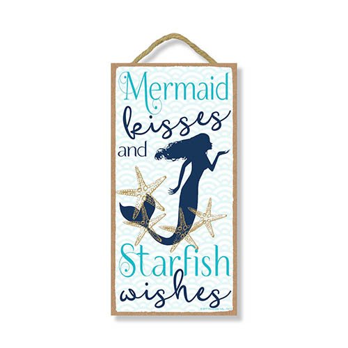 Mermaid Kisses and Starfish Wishes - 5 x 10 inch Hanging, Wall Art, Decorative Wood Sign Home Decor