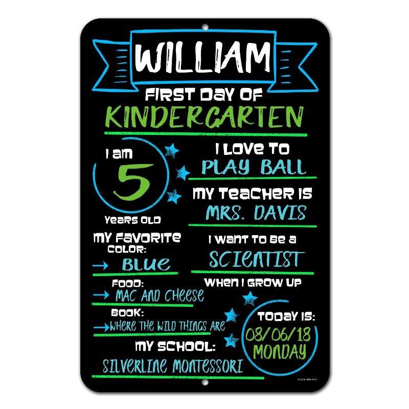 Large First Day of School Blue and Green Chalkboard Style Photo Prop Tin Sign 12 x 18 inch - Reusable Easy Clean Back to School, Customizable with Liquid Chalk Markers (Not Included)