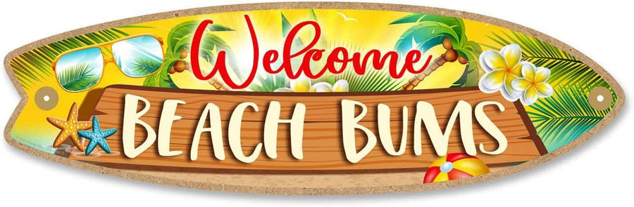 Honey Dew Gifts, Welcome Beach Bums, Wall Hanging Sign, 16 inch by 5 inch, Made in USA, Summer Porch Decor, Summer Decoration for Home, Surf Decor, Wooden Surfboard, Hawaiian Decor, Housewarming Gift