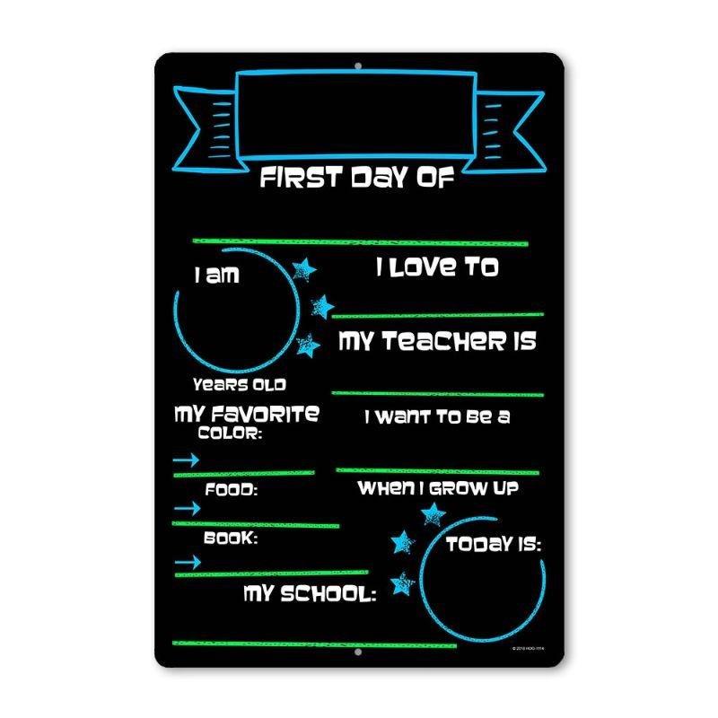 Large First Day of School Blue and Green Chalkboard Style Photo Prop Tin Sign 12 x 18 inch - Reusable Easy Clean Back to School, Customizable with Liquid Chalk Markers (Not Included)