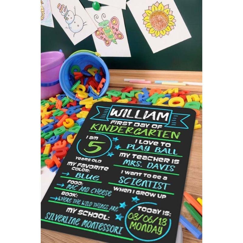 Large First Day of School Blue and Green Chalkboard Style Photo Prop Tin Sign 12 x 18 inch - Reusable Easy Clean Back to School, Customizable with Liquid Chalk Markers (Not Included)