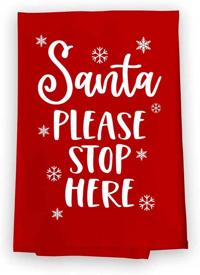 Honey Dew Gifts, Santa Please Stop Here, Christmas Kitchen Towels, Dish Towel for Kitchen, Christmas Kitchen Decorations, Flour Sack Towel, 27 Inch by 27 Inch, 100% Cotton