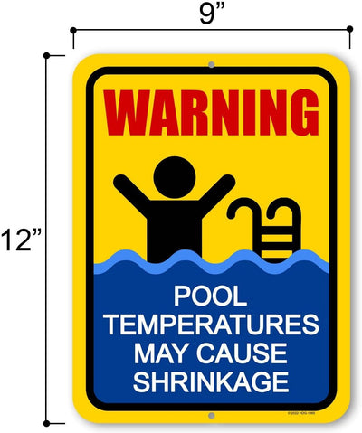 Honey Dew Gifts, Warning Pool Temperatures May Cause Shrinkage, 9 inch by 12 inch, Made in USA, Summer Decorations For Home, Funny Signs, Metal Sign, Pool Decoration Outdoor, Pool Decor, Pool Signs